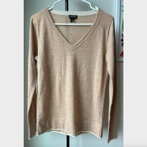 Club Monaco Tan Italian Yarn Lightweight V-Neck Sweater with White Trim - Size S